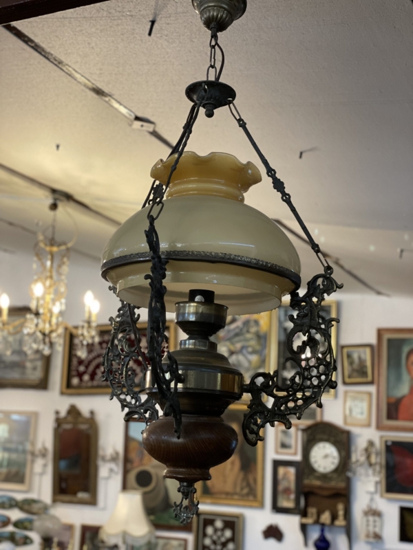 Hanging Oil Lamp Scalloped Shade Ornate Scrollwork Warm Cream Glass