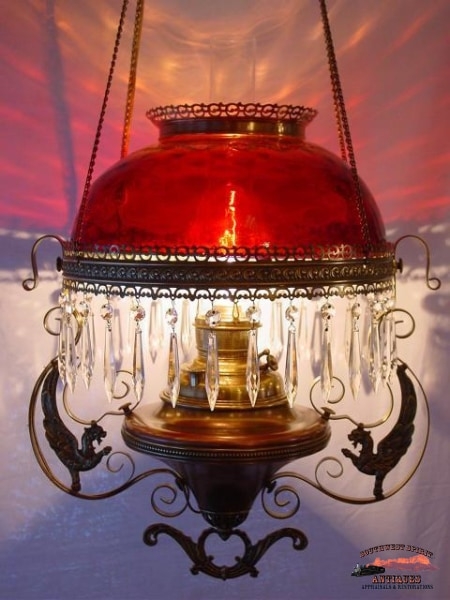 Hanging Parlor Lamp Griffin Motifs Cranberry Red Quilted Shade
