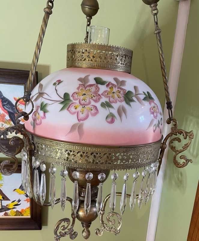 Hanging Parlor Lamp Pink Floral Hand Painted Filigree Metal Bands