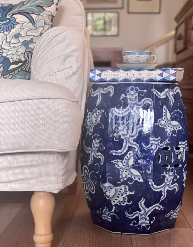 Hexagonal Butterfly Drum Stool in Blue and White Ceramic
