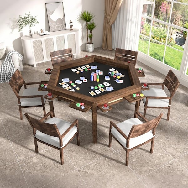 Hexagonal Poker Set with Pull-Out Trays and Slatted Chairs