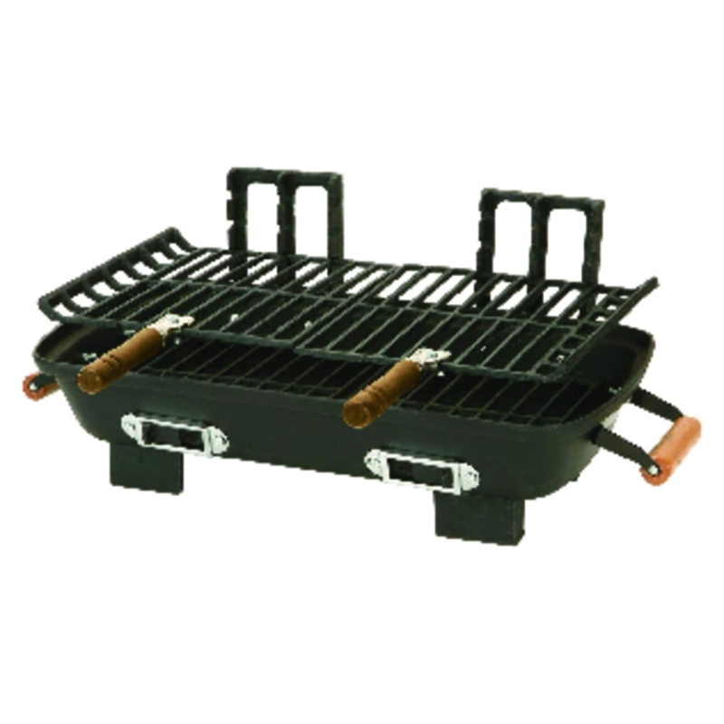 Hibachi Charcoal Grill Cast Iron Dual Grates Wooden Handles Rustic
