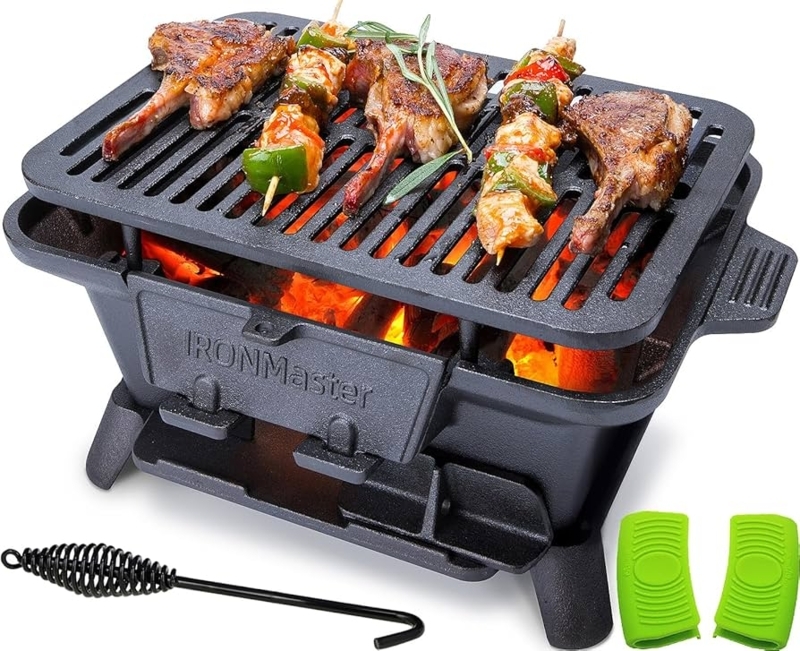 Hibachi Grill, Lime Green Grips, Cast Iron, Front Coal Door