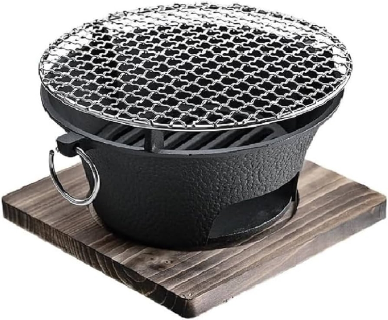 Hibachi Grill Miniature Cast Iron Wooden Base Ring Handles Japanese