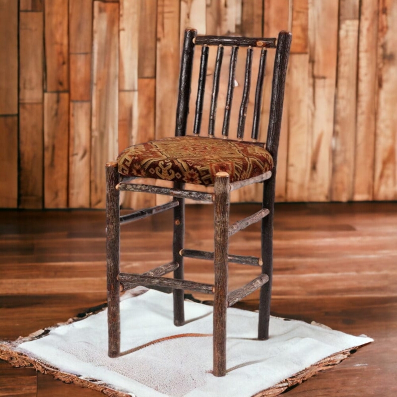 Hickory Bar Stool with Bark-On Frame and Tapestry Upholstered Seat