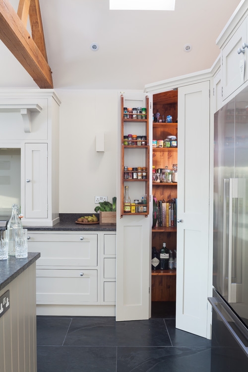 Hidden Farmhouse Corner Pantry with Wood Lined Interior