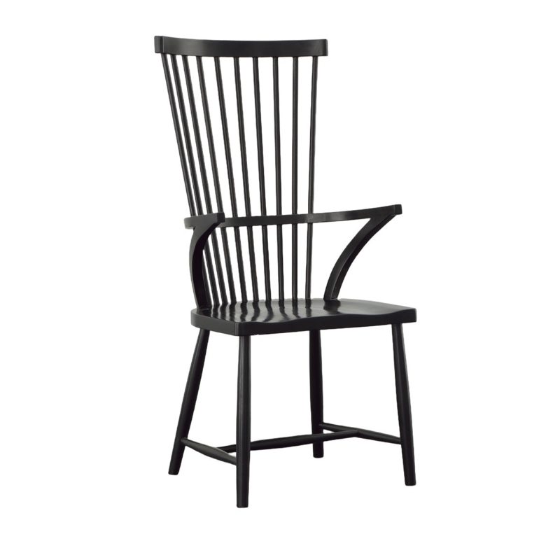 High Back Spindle Armchair with Sculptural Arms and Tapered Legs.