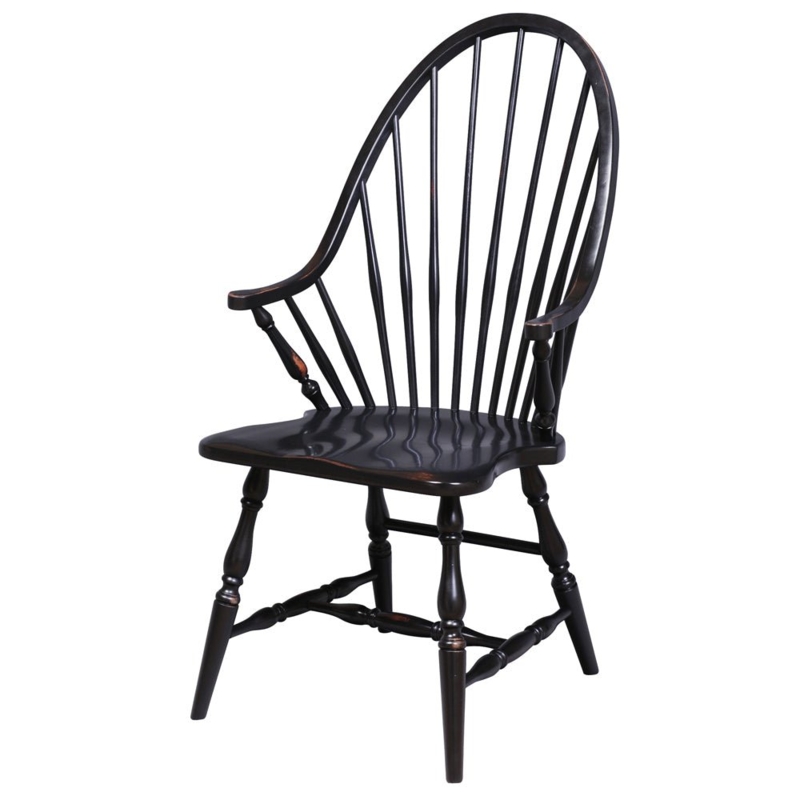 High Back Windsor Chair with Distressed Finish and Curved Arms.