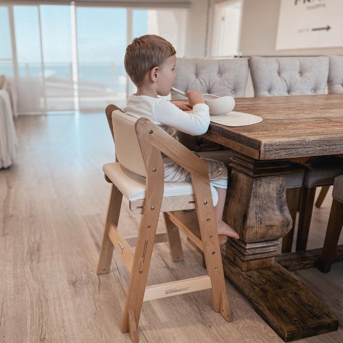 High Chair with Adjustable Slotted Frame, Varnished Wood, Ergonomic Design.