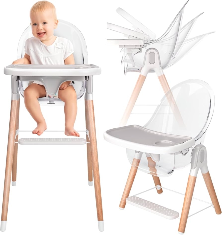 High Chair with Transparent Seat, Tapered Wood Legs, Convertible Height.