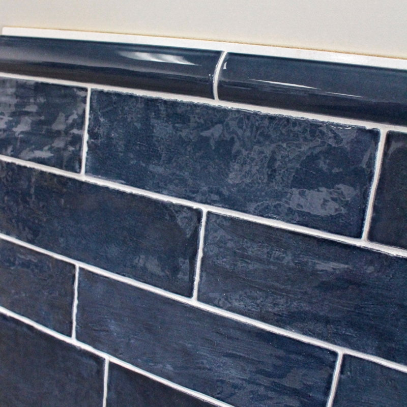 High-Gloss Navy Blue Subway Tiles with Matching Bullnose Trim