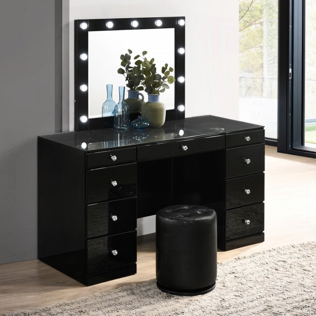High-Gloss Vanity Set, Hollywood Mirror & Crystal Knobs