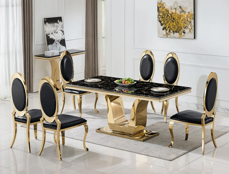 Hollywood Regency Dining Set: Black Marble Sculptural Gold Base