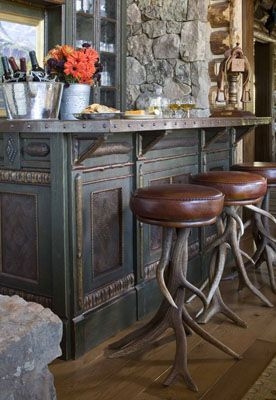 Home Bar Antler Legs Rustic Lodge Style Leather Like Round Seat