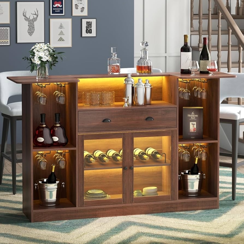 Home Bar Cabinet Walnut with LED Lighting and Glass Doors Wine Rack