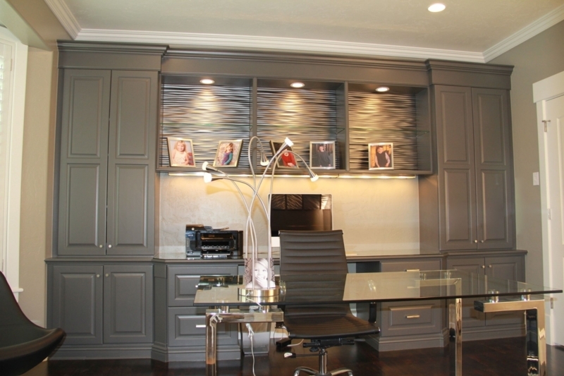 Home Office Built-ins Charcoal with Wavy Textured Backsplash