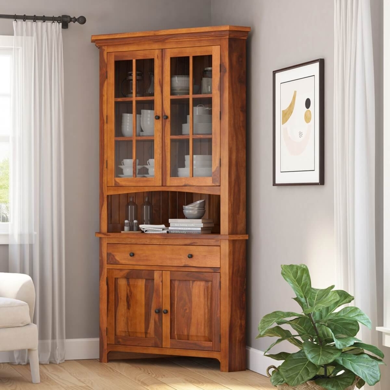 Honey Brown Corner Pantry Cabinet with Open Hutch Niche