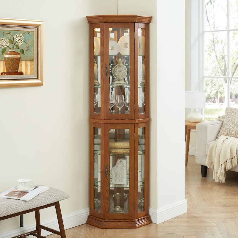 Honey Oak Corner Curio Cabinet with Scalloped Base and Metal Hardware
