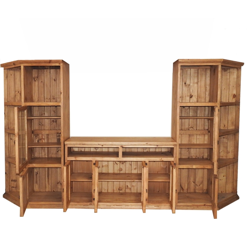 Honey Pine Entertainment Center, 3-Piece Modular, Planked Back Panel
