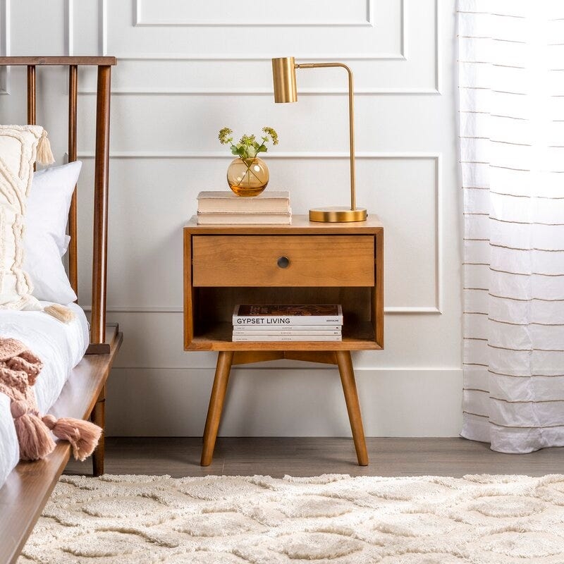 Honey Wood Bedside Table Open Shelf Storage Tapered Legs Single Drawer