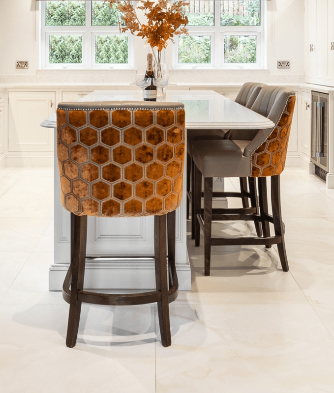 Honeycomb Pattern Bar Stool in Copper Velvet with Nailhead Trim