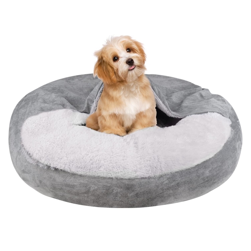 Hooded Donut Dog Bed in Charcoal Grey with Attached Cozy Blanket Cover