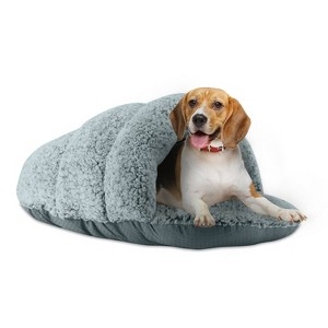 Hooded Slipper Dog Bed in Mineral Blue with Cozy Sherpa Fleece Lining