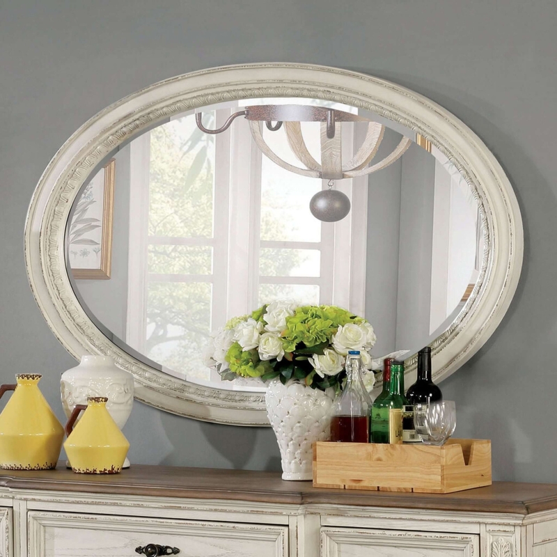 Horizontal Oval Mirror with Molded Frame in Antique White Finish