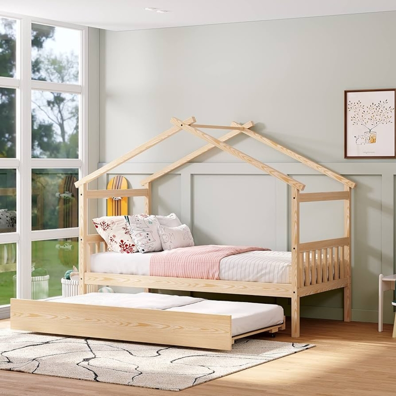 House Bed Natural Pine Gabled Roof with Trundle, Scandi Style Nursery Bed