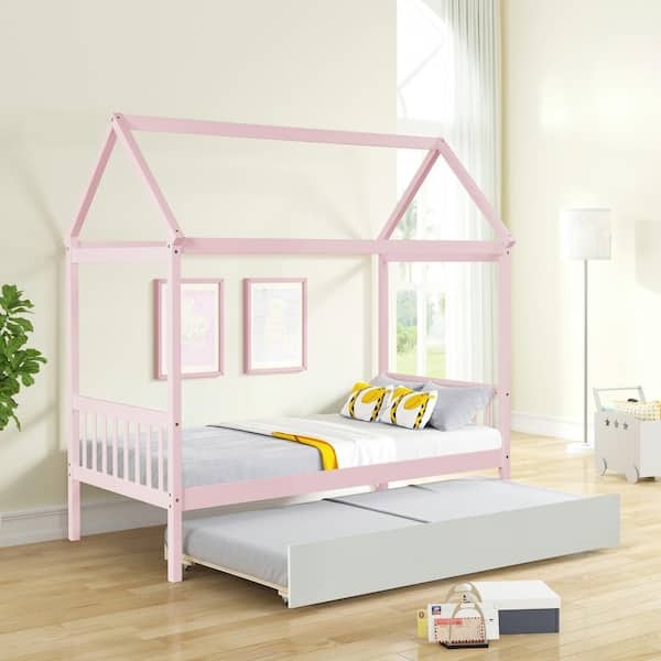 House Bed Trundle Pink Finish Gabled Roof Frame, Whimsical Girls Bedroom
