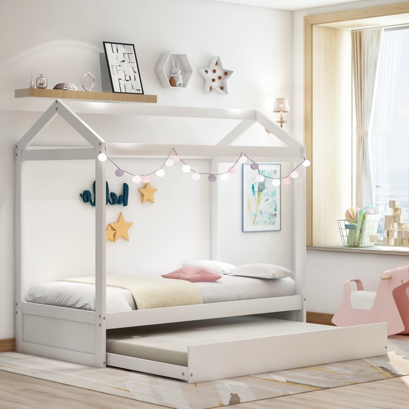 House Bed Trundle White Matte Gabled Roof, Low Profile Minimalist Nursery