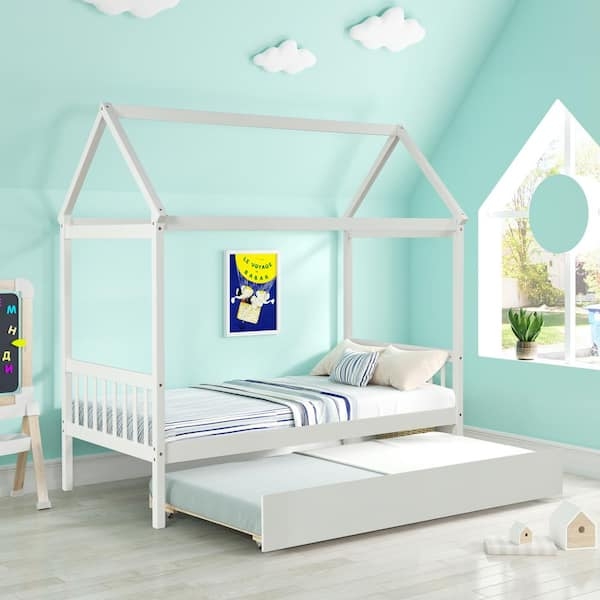 House Bed White Slatted Guardrail Open Canopy with Trundle, Scandi Style