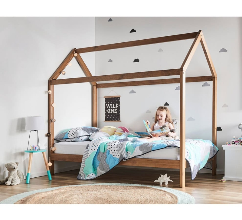 House Bed Wood Toned Open Frame with Gabled Roof and String Lights
