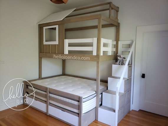 House Bunk Bed Weathered Gray Wood Staircase Storage