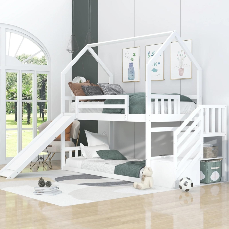 House Bunk Bed with Floor-Level Bottom, Slide, and Storage Stairs