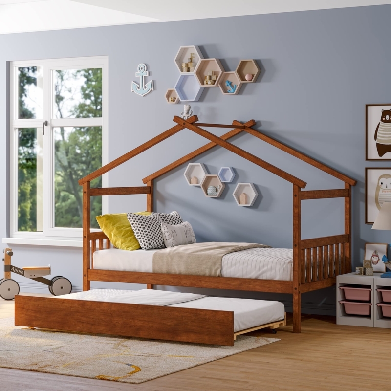 House Canopy Daybed Honey Oak Slatted Sides with Trundle, Farmhouse Nursery