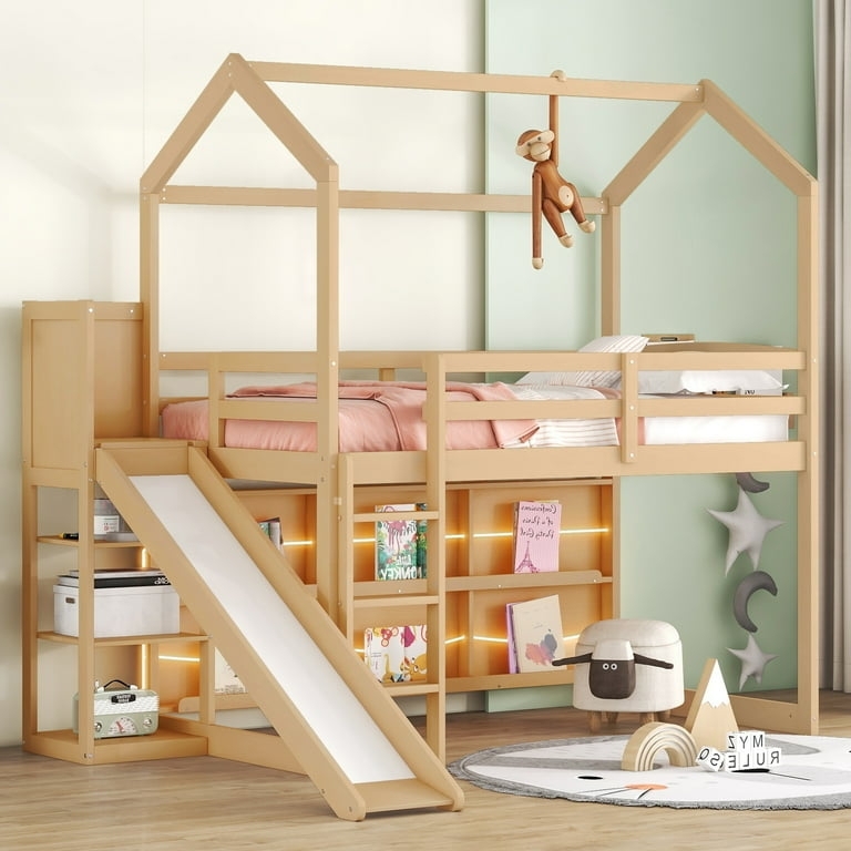 House Frame Loft Bed with Integrated Slide and LED Lighting