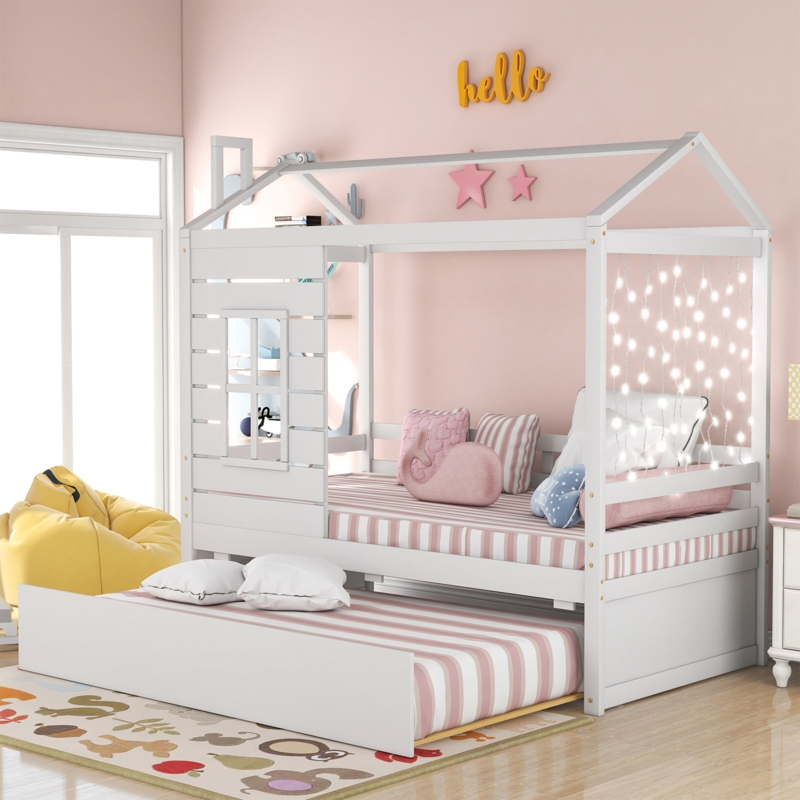 House Shaped Daybed Matte Finish Window Pane Cutout with Trundle, Whimsical