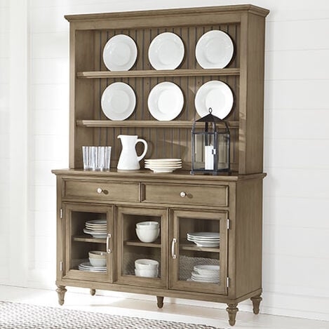 Hutch & Buffet, Beadboard Back, Weathered Taupe Finish & Glass Doors
