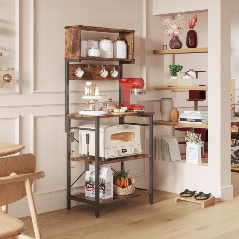 Hutch Top Bakers Rack, Hanging Hooks, Rustic Industrial Storage