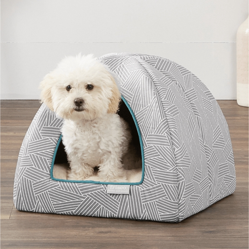 Igloo Dog Bed with Grey Geometric Pattern and Teal Contrast Trim