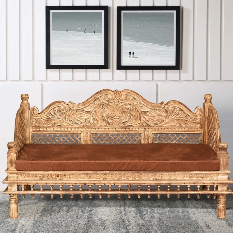 Indian Bench Hand Carved Traditional Floral Motif Lattice Spindle Fringe