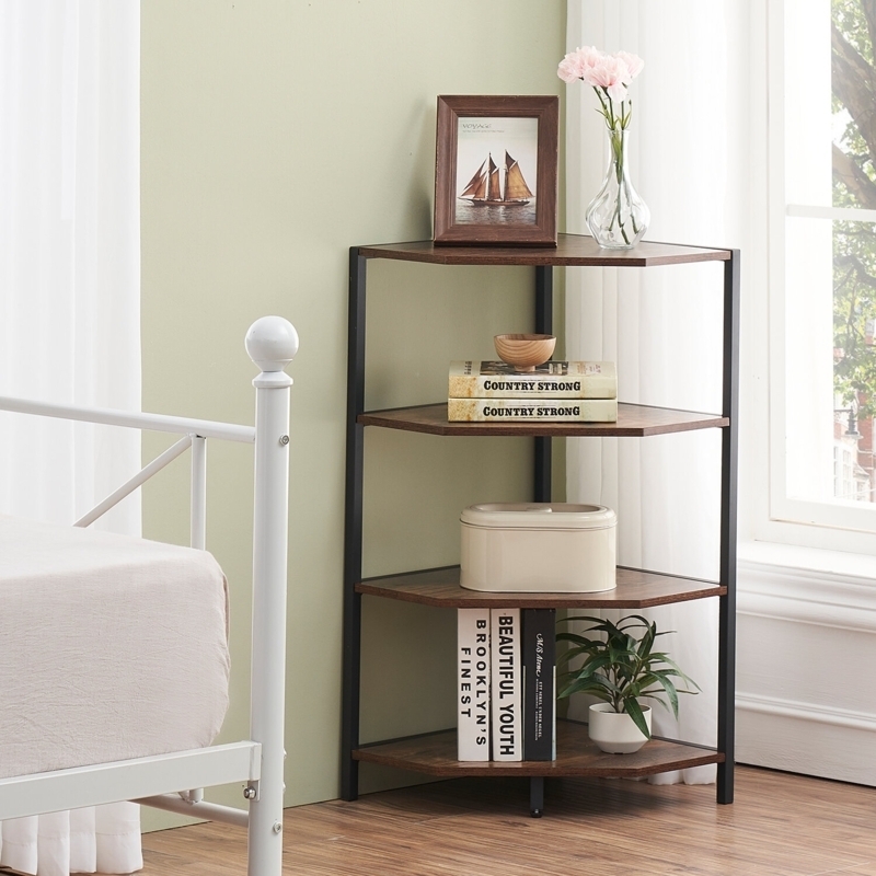 Industrial 4-Tier Corner Shelf with Metal Frame and Wood Shelves