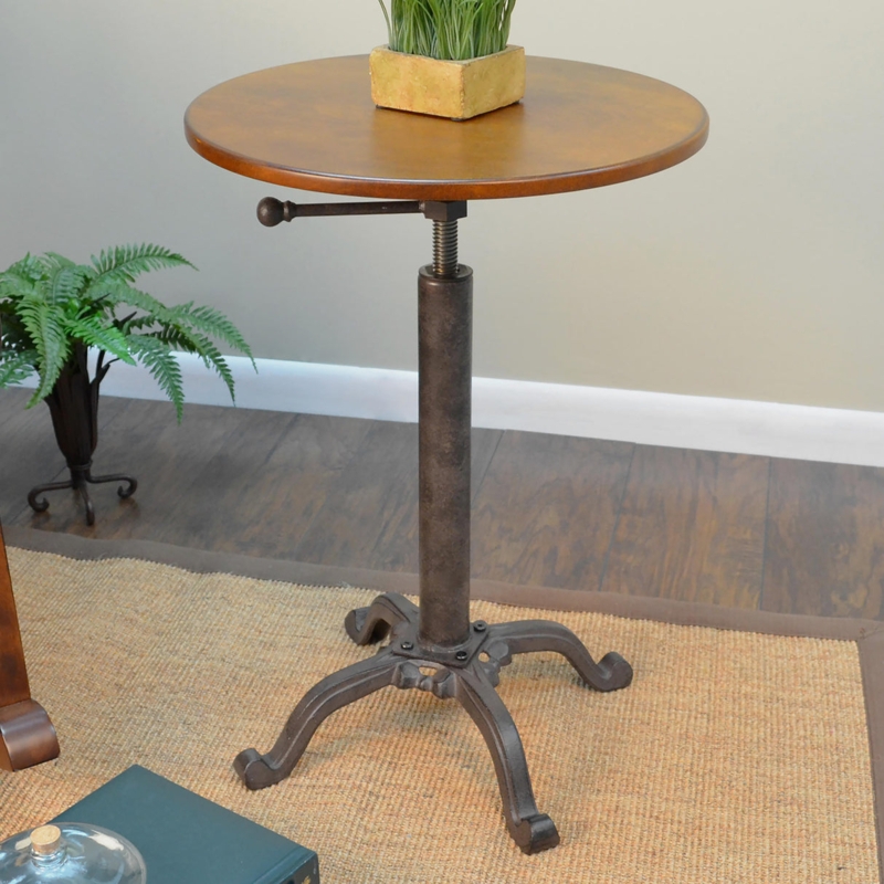 Industrial Accent Table with Crank Handle Adjustment and Cast Metal Base
