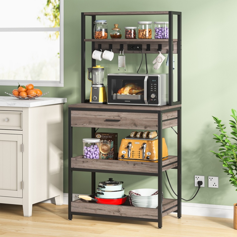 Industrial Bakers Rack with Tray Shelves, Drawer, and Power Outlets