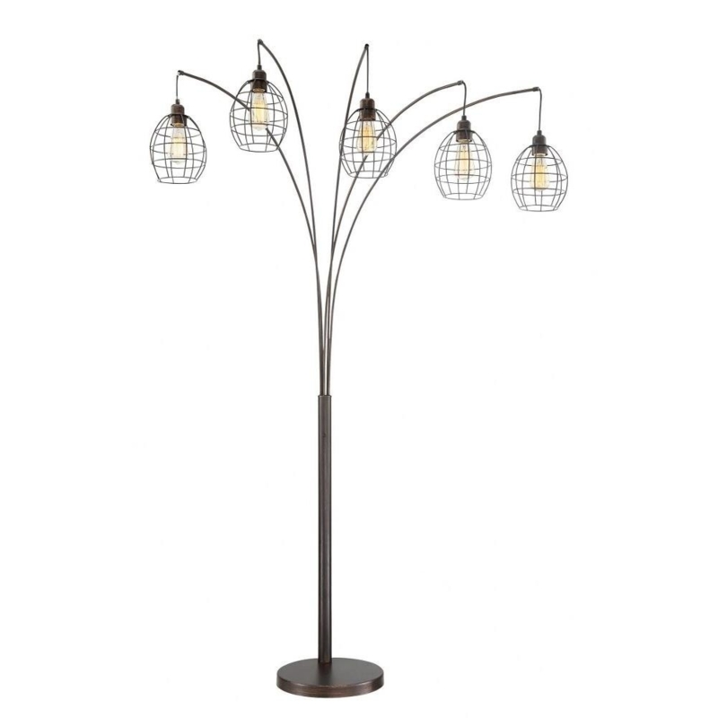 Industrial Bronze Arc Floor Lamp with Five Wire Cage Shades