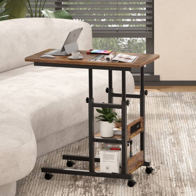 Industrial C-Shaped End Table featuring Charging Station and Shelves