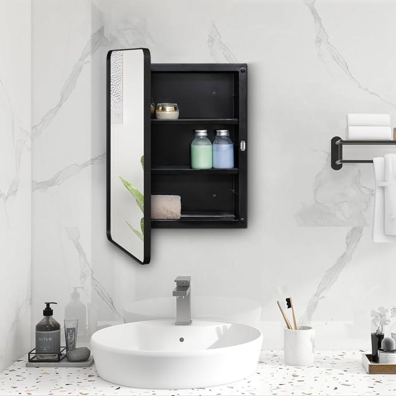 Industrial Chic Medicine Cabinet Rounded Corners Matte Black Frame