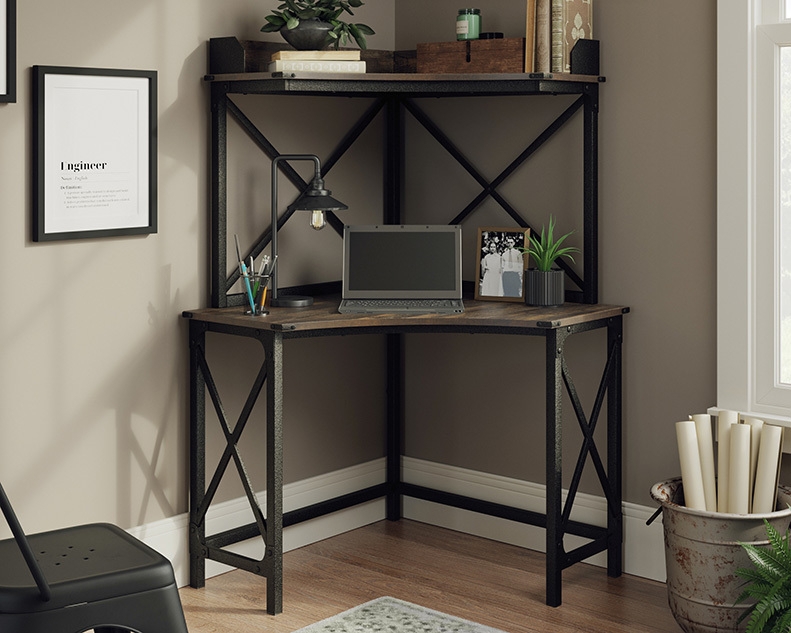 Industrial Corner Desk with Hutch and Metal X-Frame Bracing