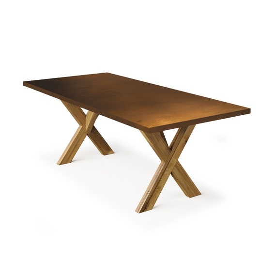 Industrial Dining Table with Metallic Top and Wood X-Frame Base